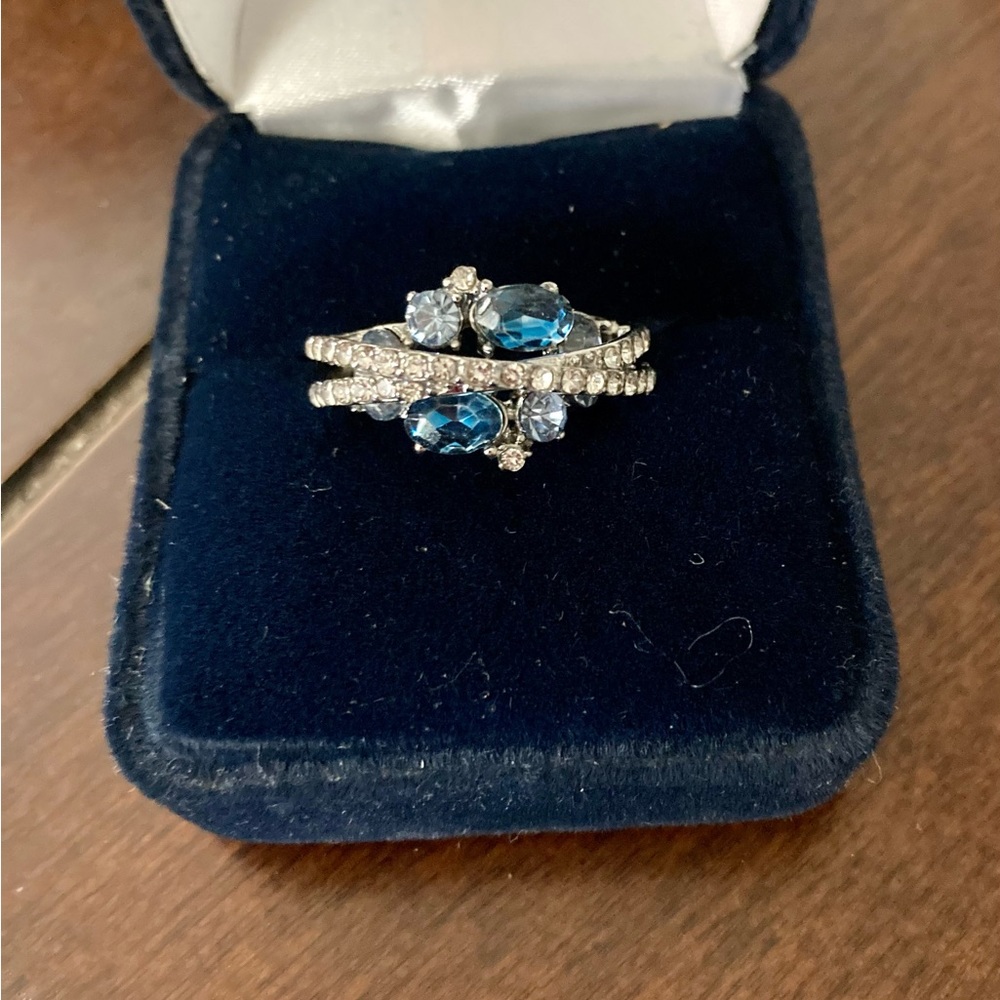 2/$35! 925 stamped silver and simulated sapphire and crystal ring.
